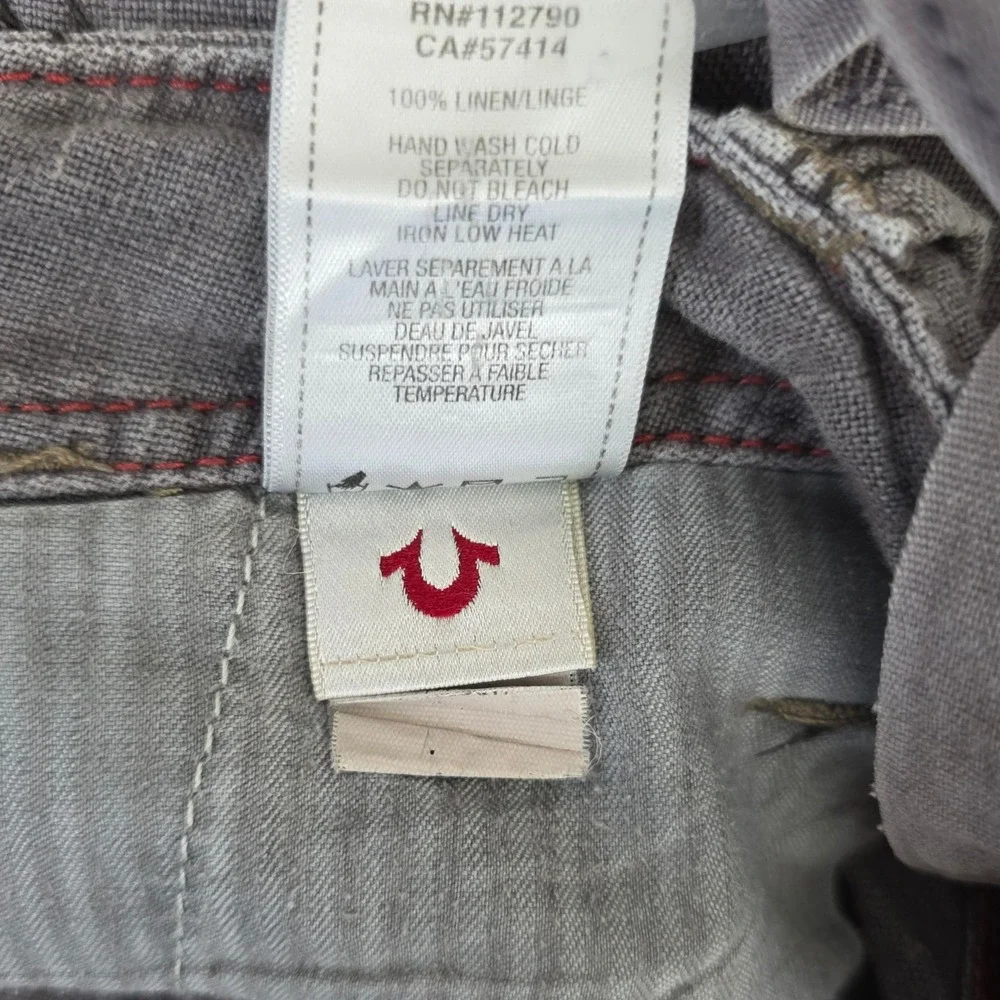 True Religion Vintage 100% Linen Cargo Shorts Mens 36 Charcoal Gray Utility Good